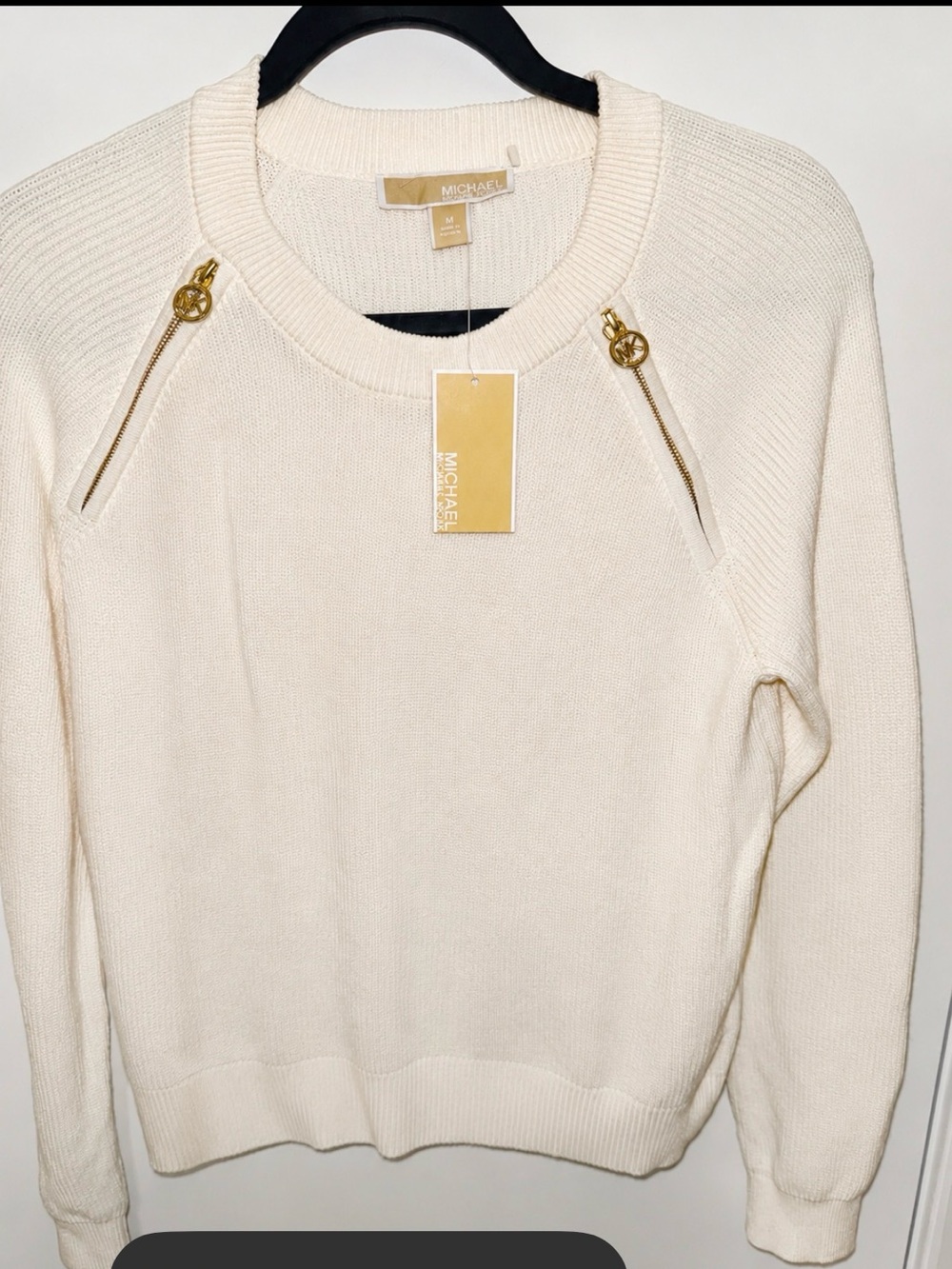Michael Kors Cream Crewneck Sweater with Gold MK Zip Details